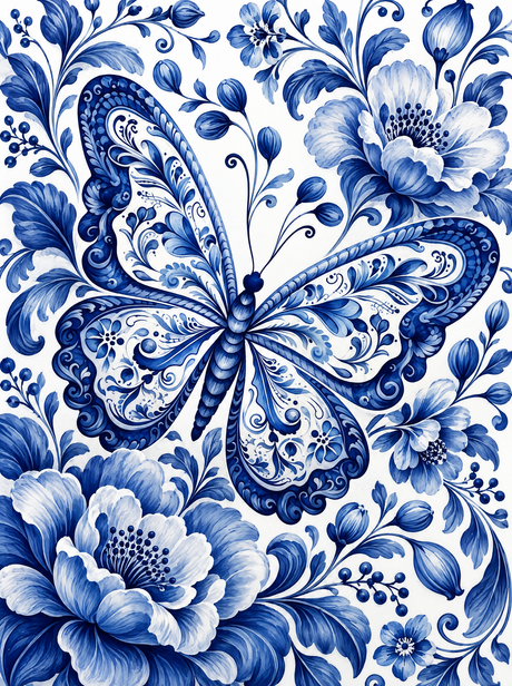 Porcelain Butterfly Among Blue Peonies