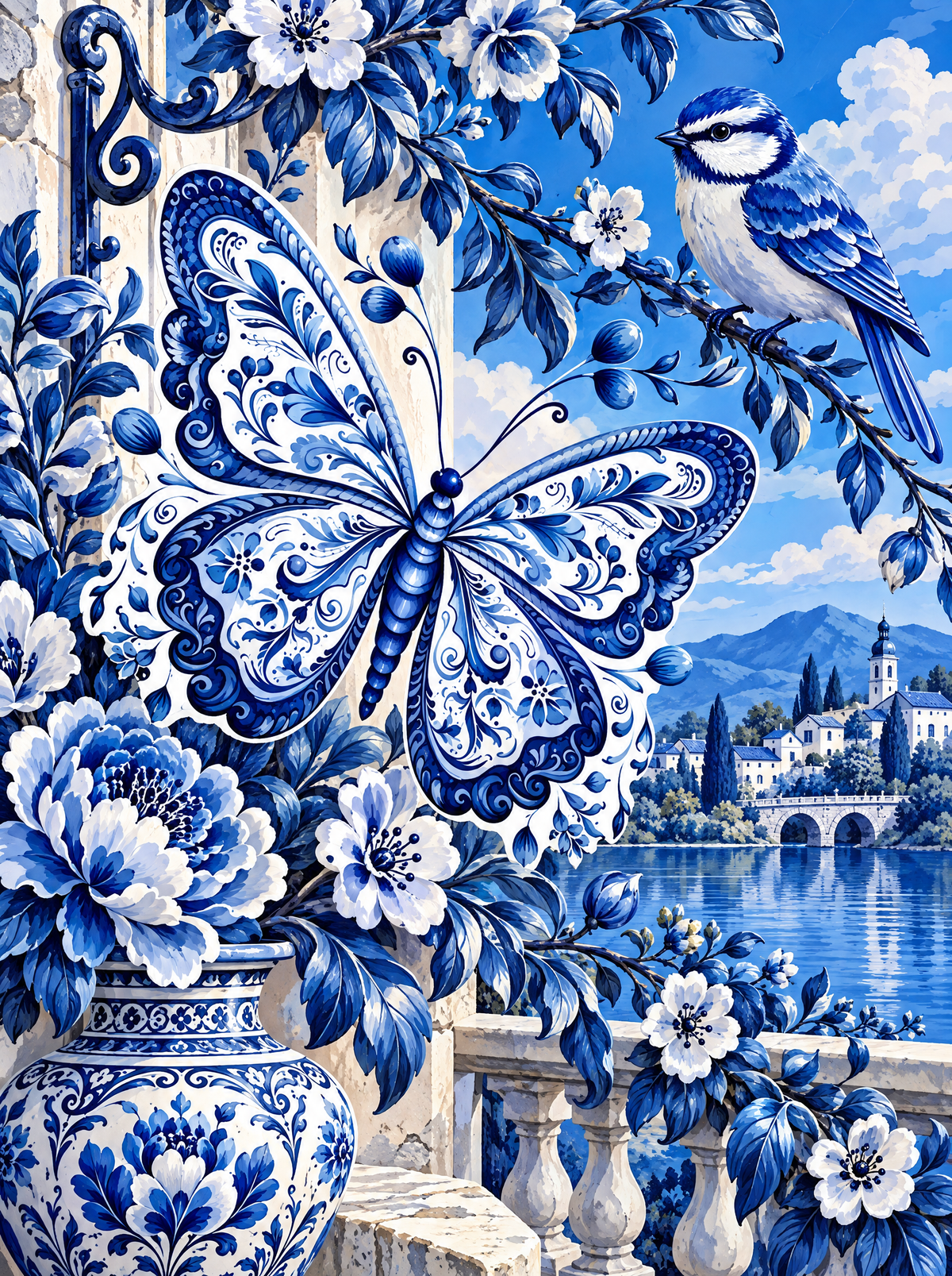Porcelain Butterfly And The Blue Tit