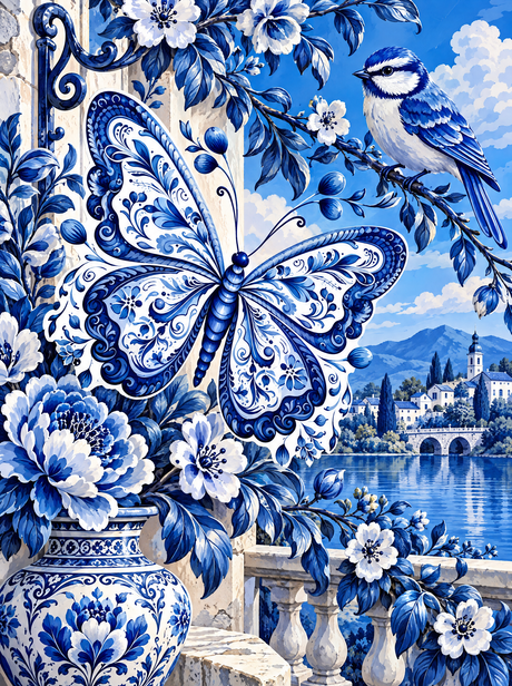 Porcelain Butterfly And The Blue Tit