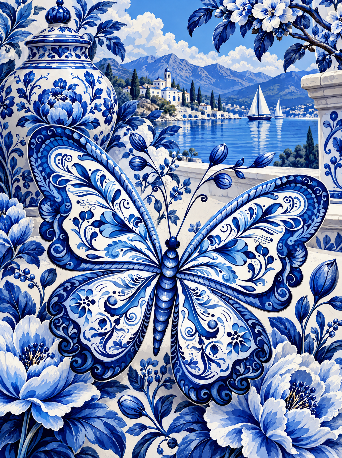 Porcelain Butterfly Over The Sailboat Bay