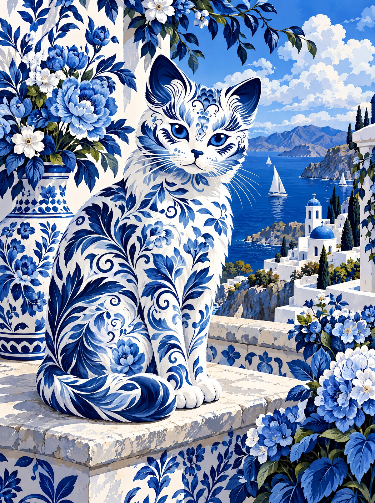 Porcelain Cat Above The Blue Domes