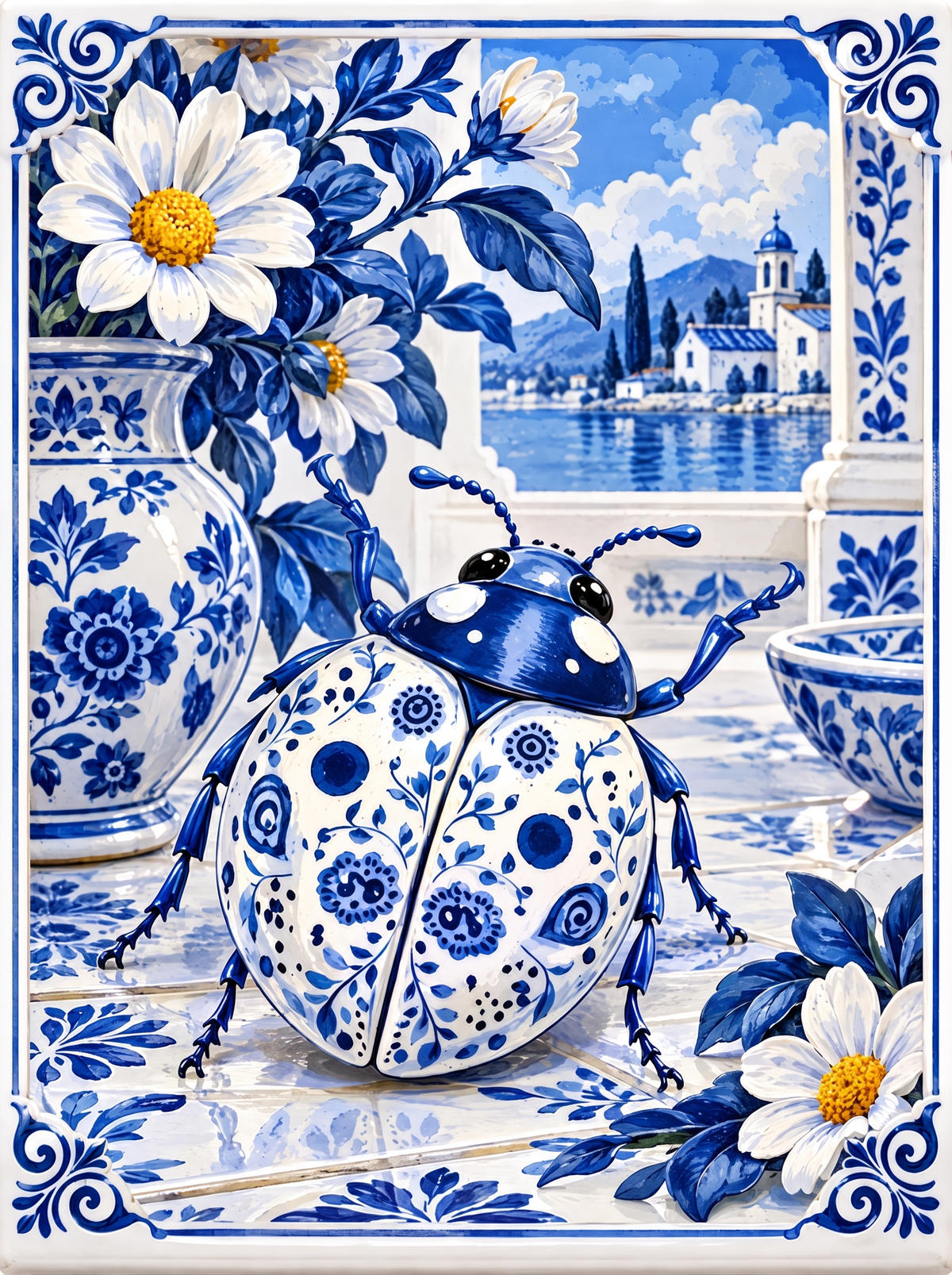 Porcelain Ladybird And White Daisies