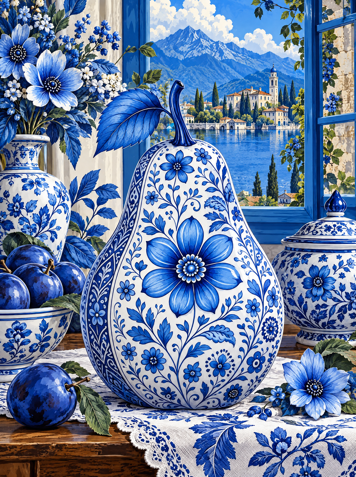 Porcelain Pear And Blue Plums