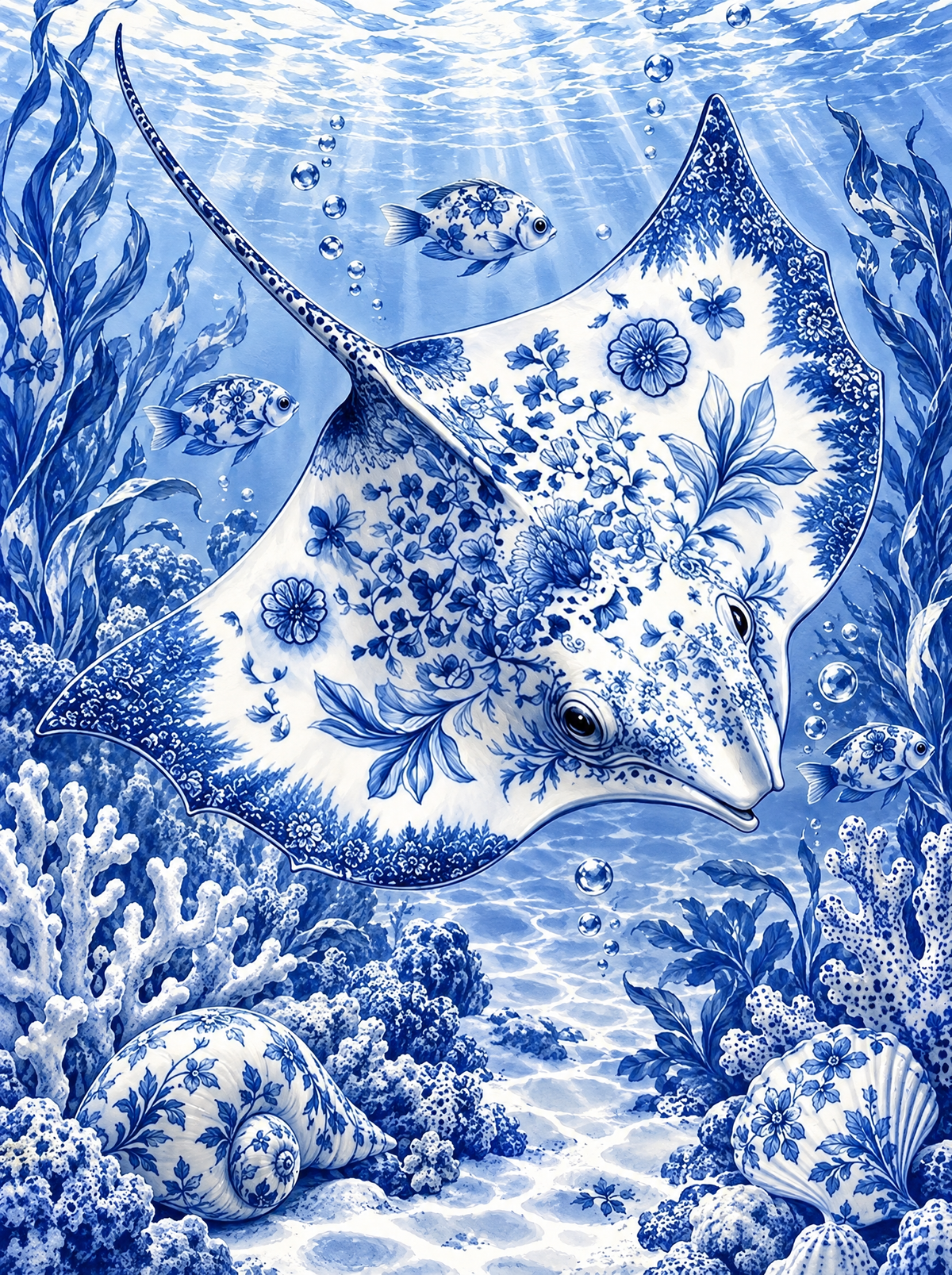 Porcelain Stingray Over The Coral