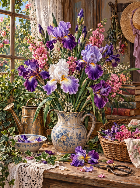 Purple Irises In The Potting Room (150 Color Diamond Painting)
