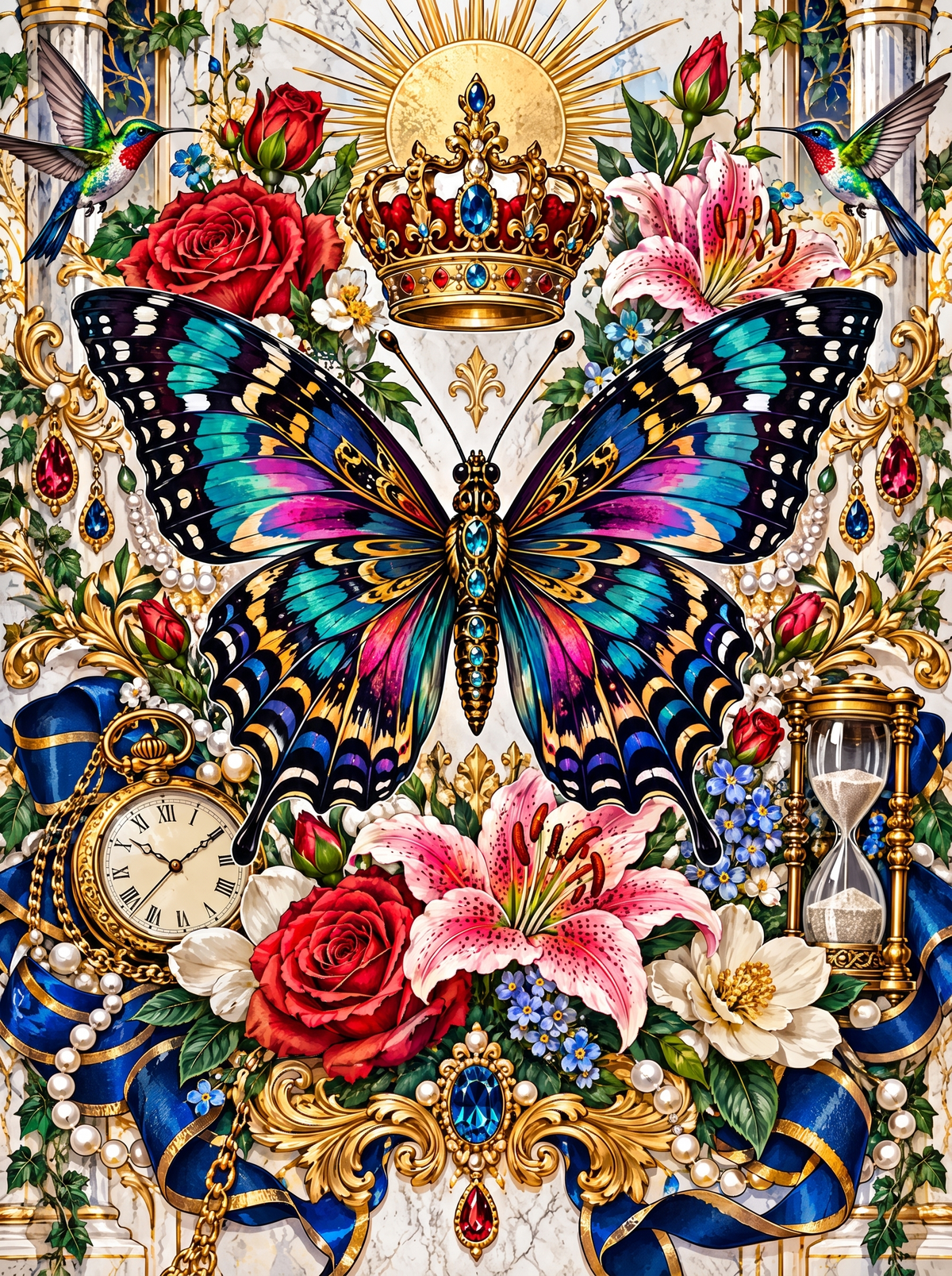 Rainbow Butterfly, Crown And Hourglass