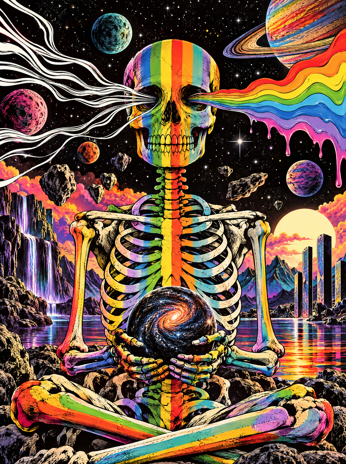 Rainbow Skeleton Holding A Galaxy