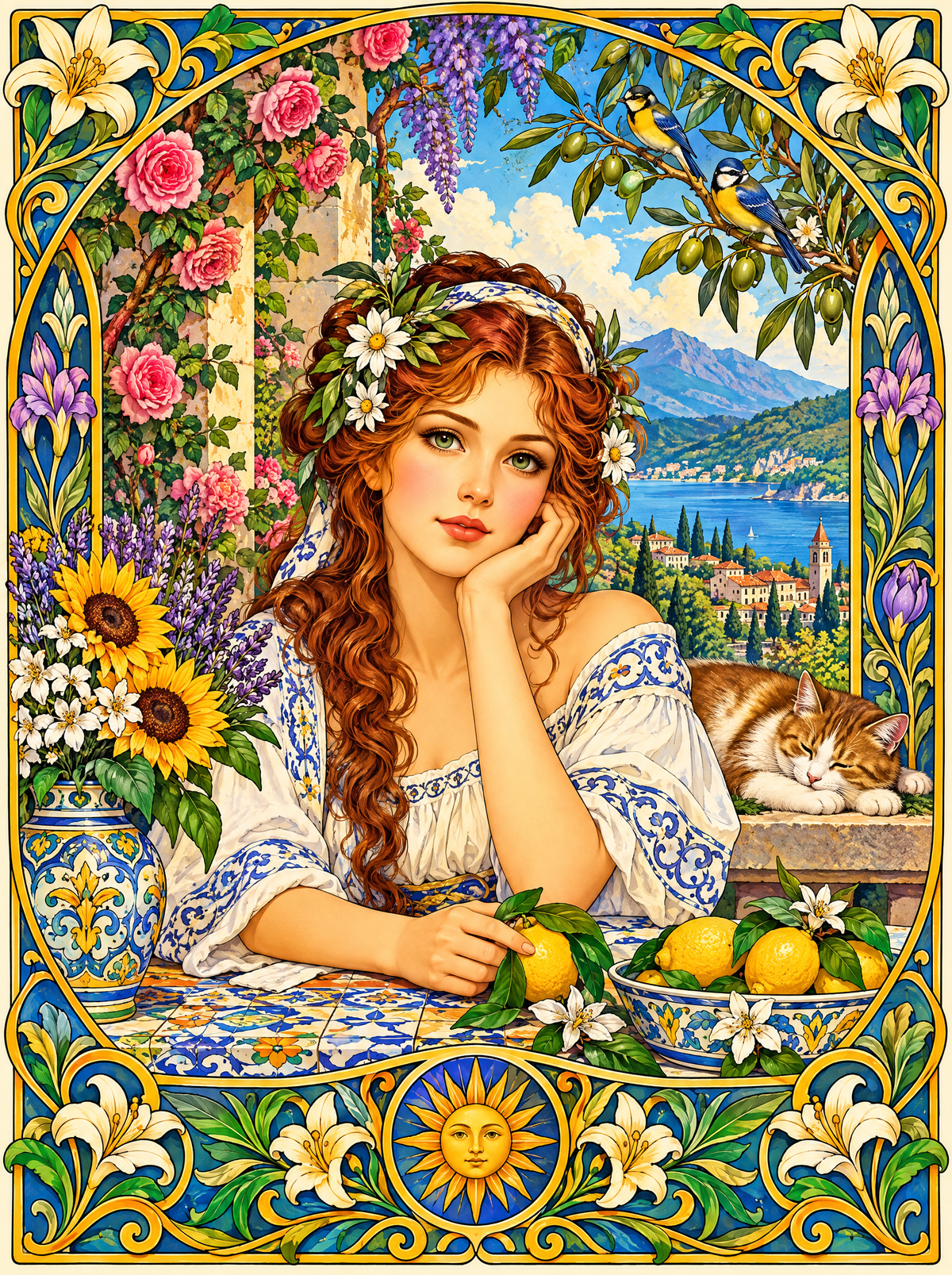 Red Curls, Sunflowers And Blue Tits
