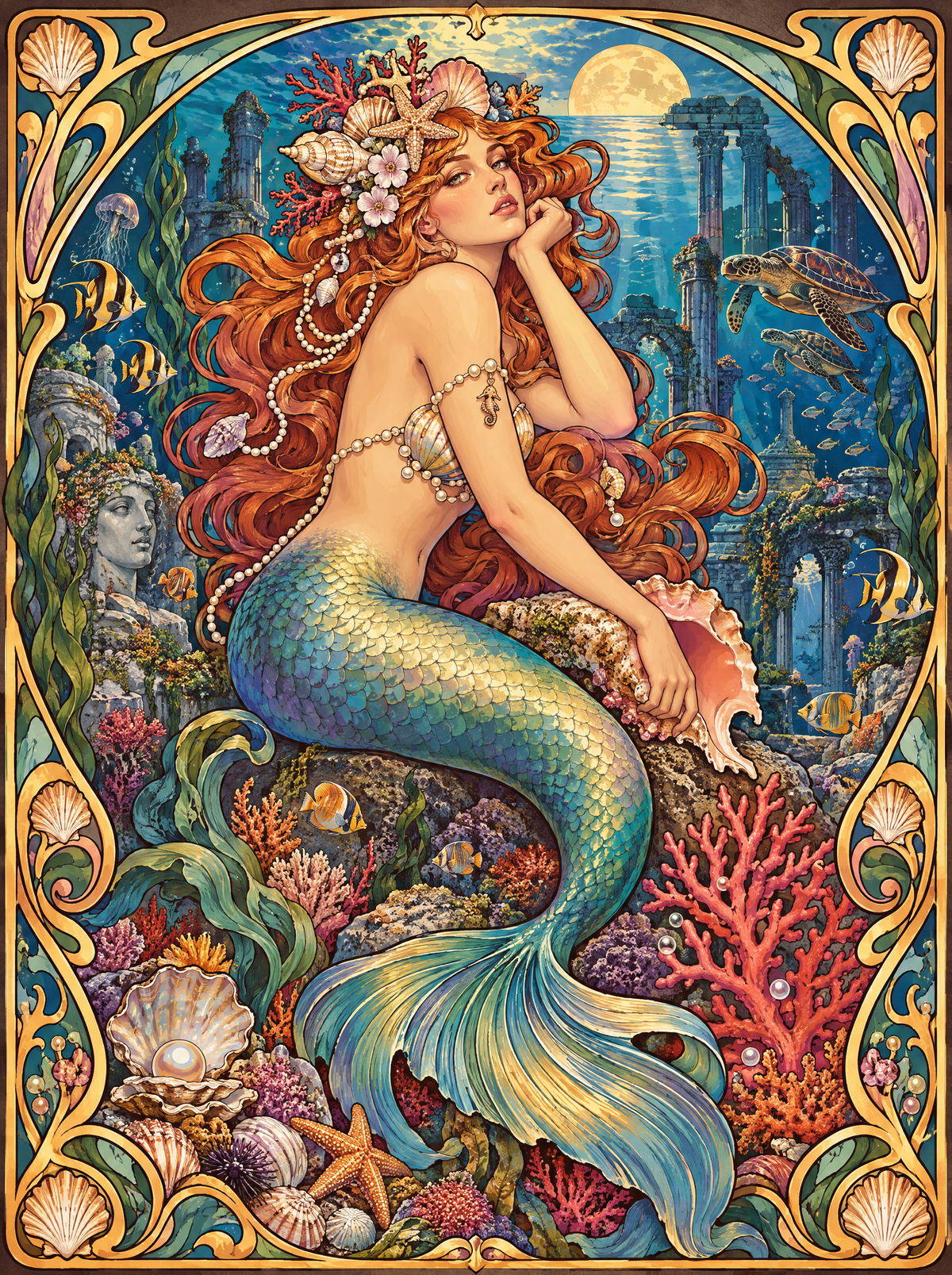 Red-Haired Mermaid In The Shell Arch