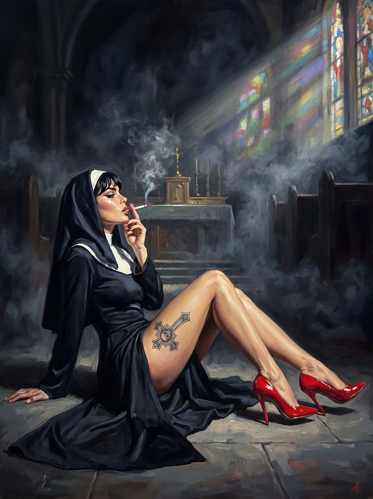 Red Heels Under Stained Glass