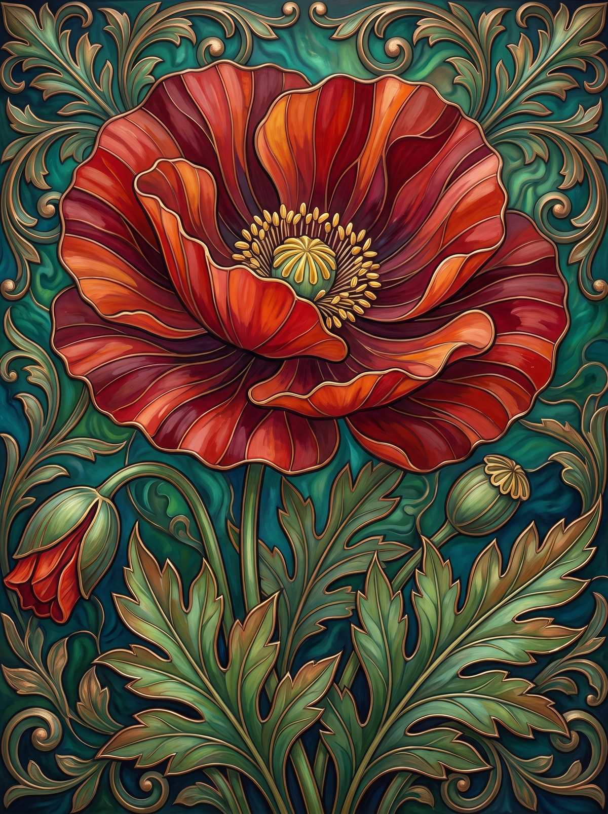 Red Poppy On Green Damask