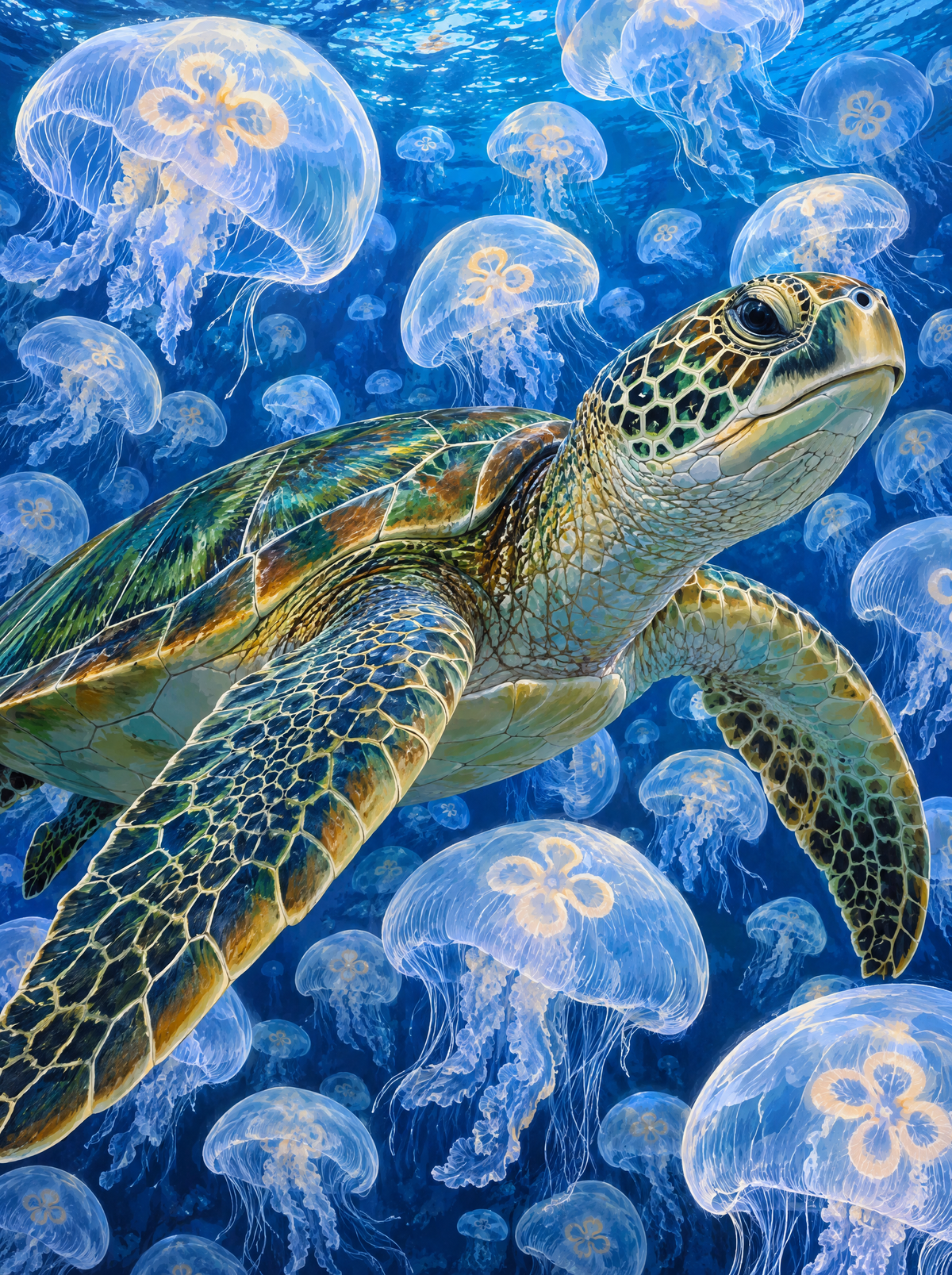 Sea Turtle Among Moon Jellies