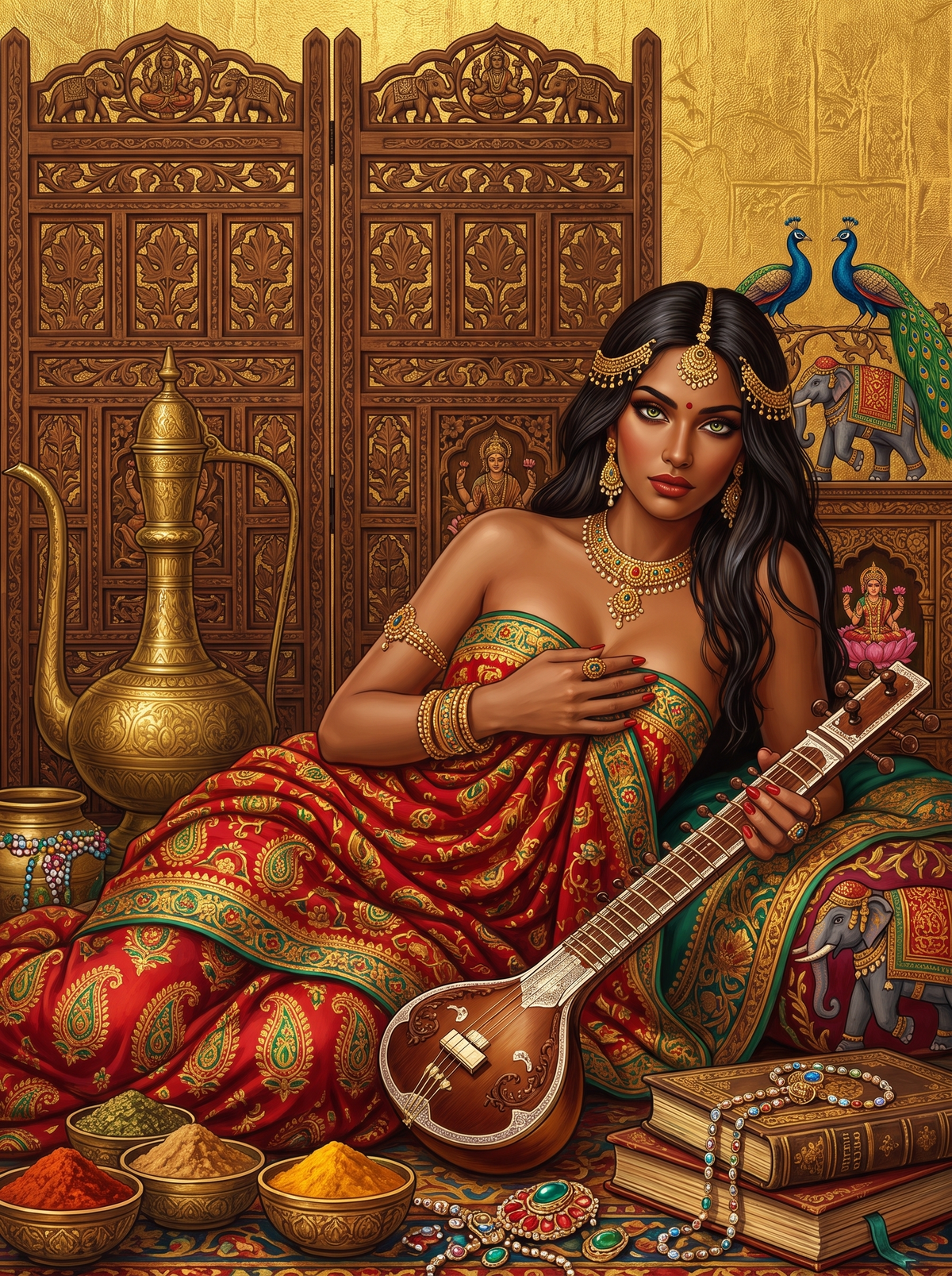 Sitar And Spices On Red Silk