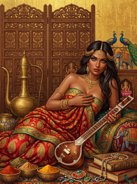 Sitar And Spices On Red Silk