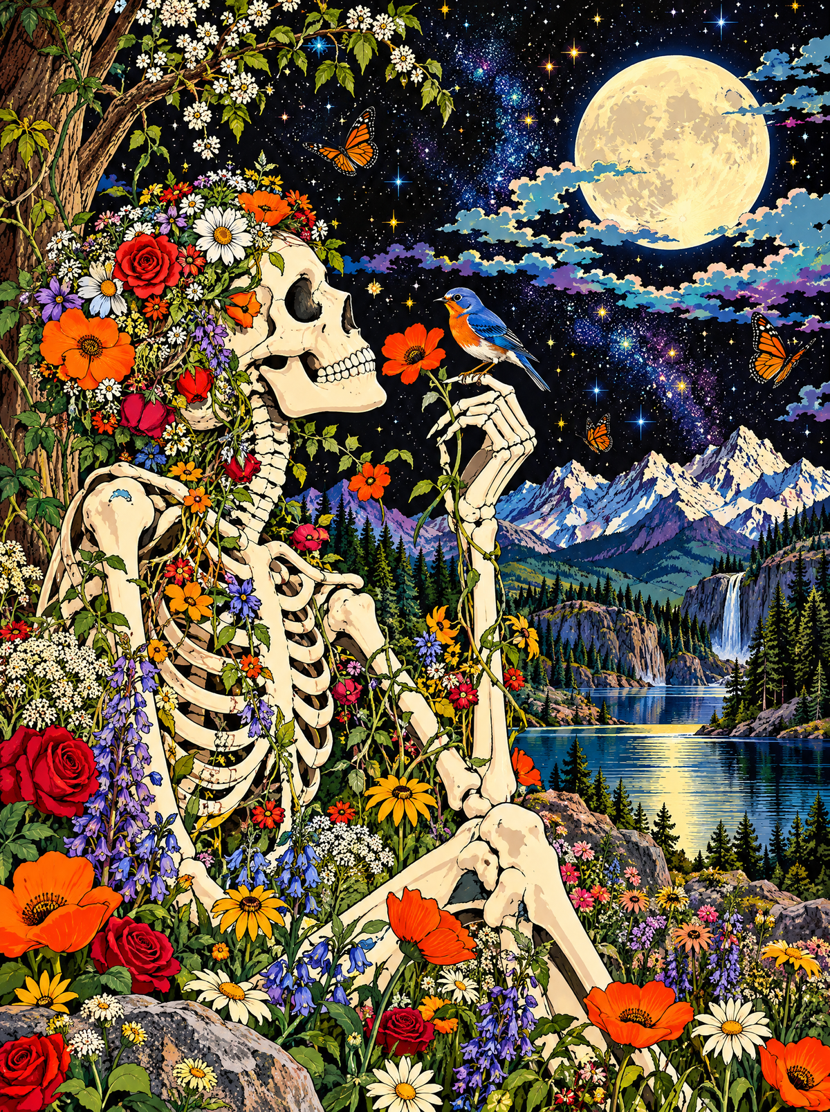 Skeleton And The Bluebird Under The Moon