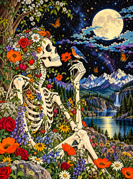 Skeleton And The Bluebird Under The Moon (150 Color Diamond Painting)