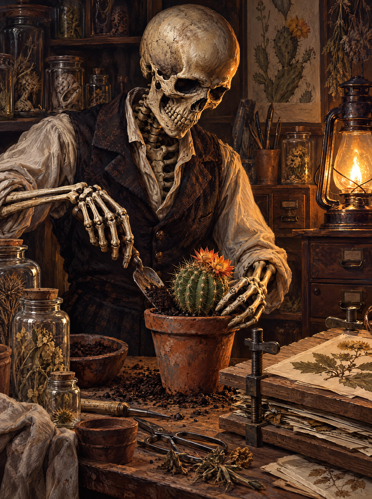 Skeleton Potting A Cactus