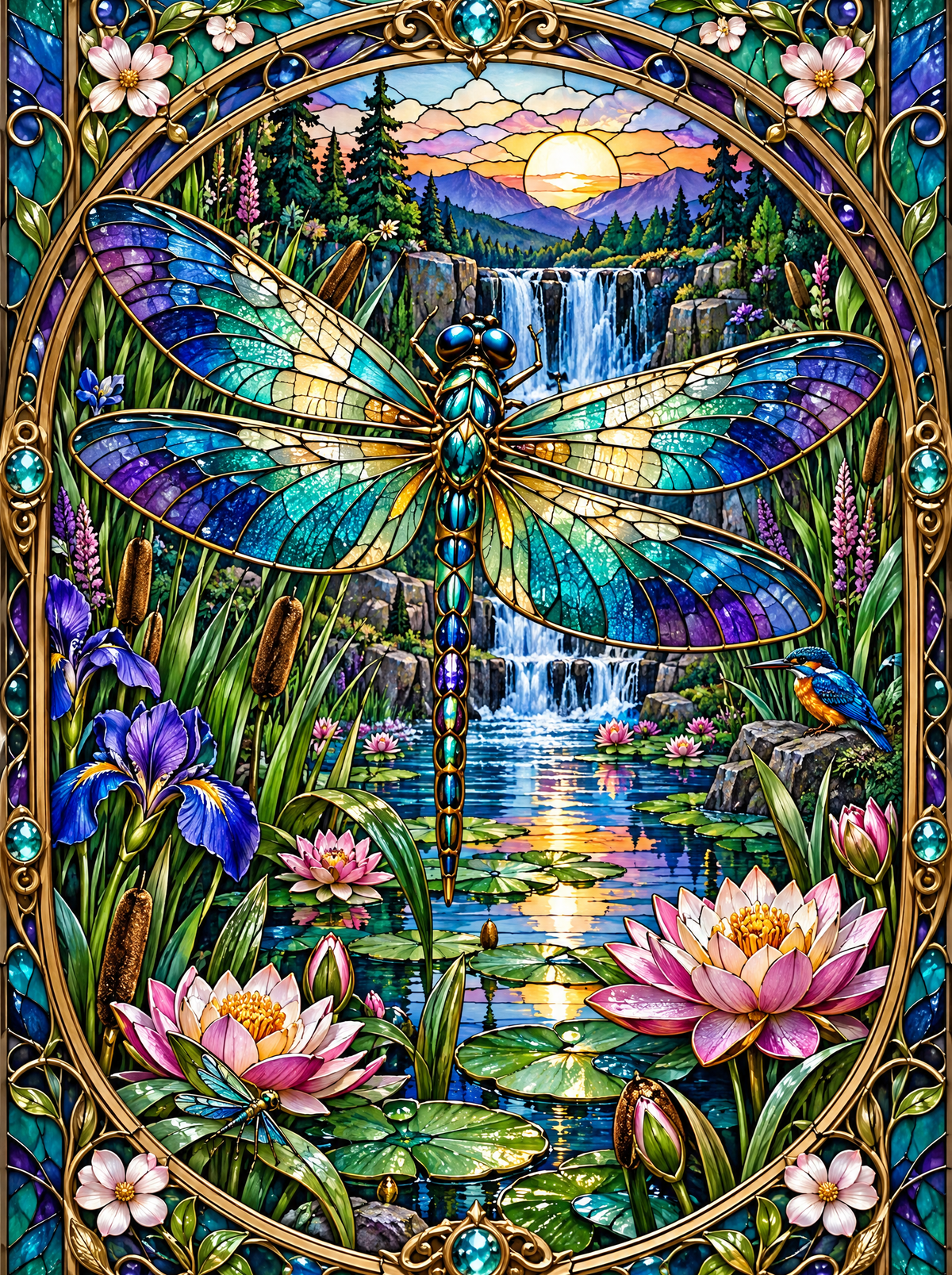 Stained-Glass Dragonfly At The Lotus Pool