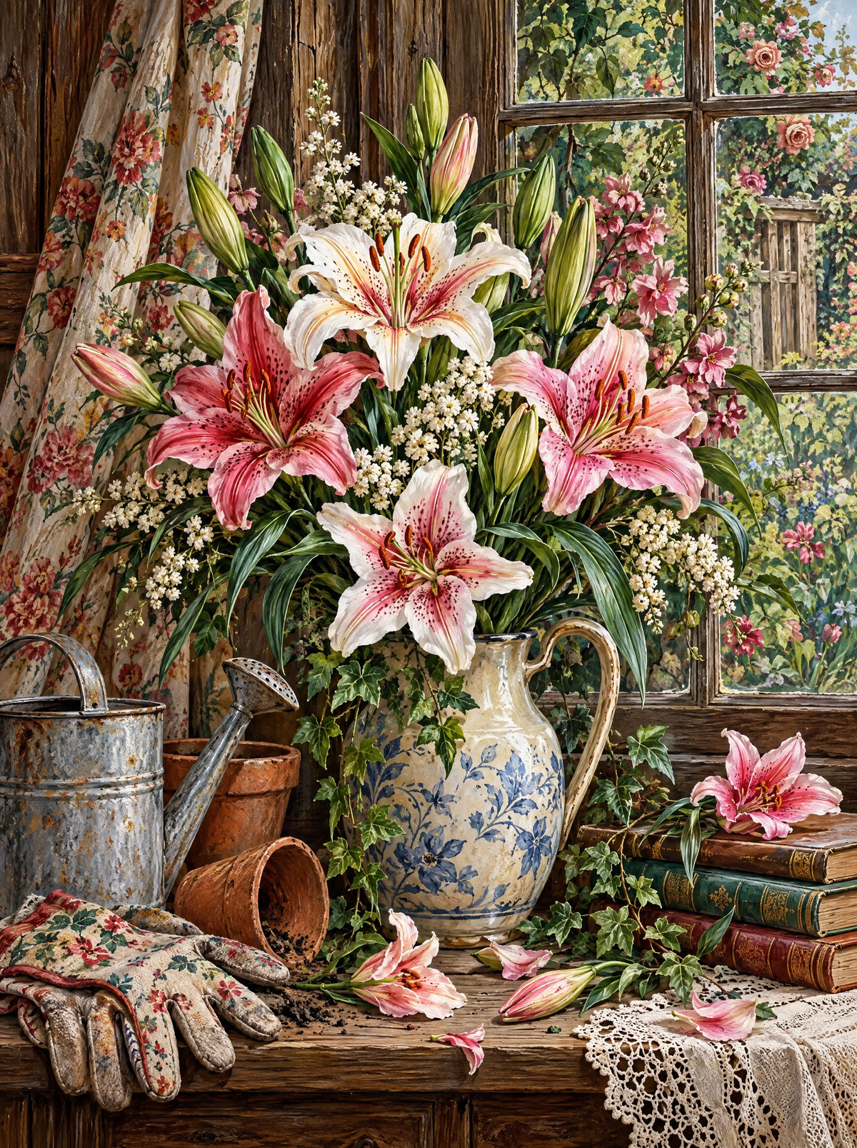 Stargazer Lilies And Gardening Gloves