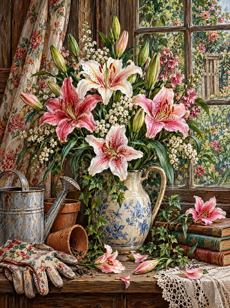 Stargazer Lilies And Gardening Gloves (150 Color Diamond Painting)