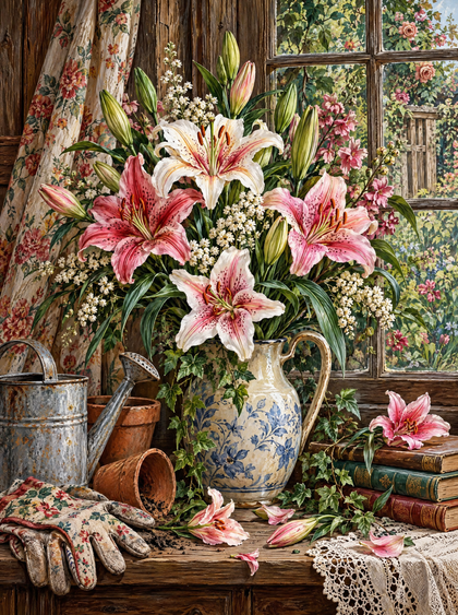 Stargazer Lilies And Gardening Gloves (150 Color Diamond Painting)