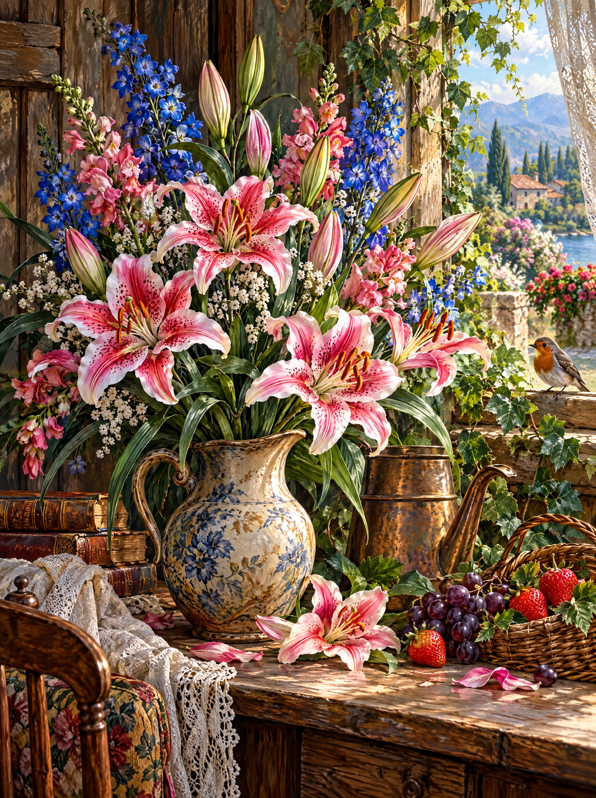 Stargazer Lilies By The Lake Window