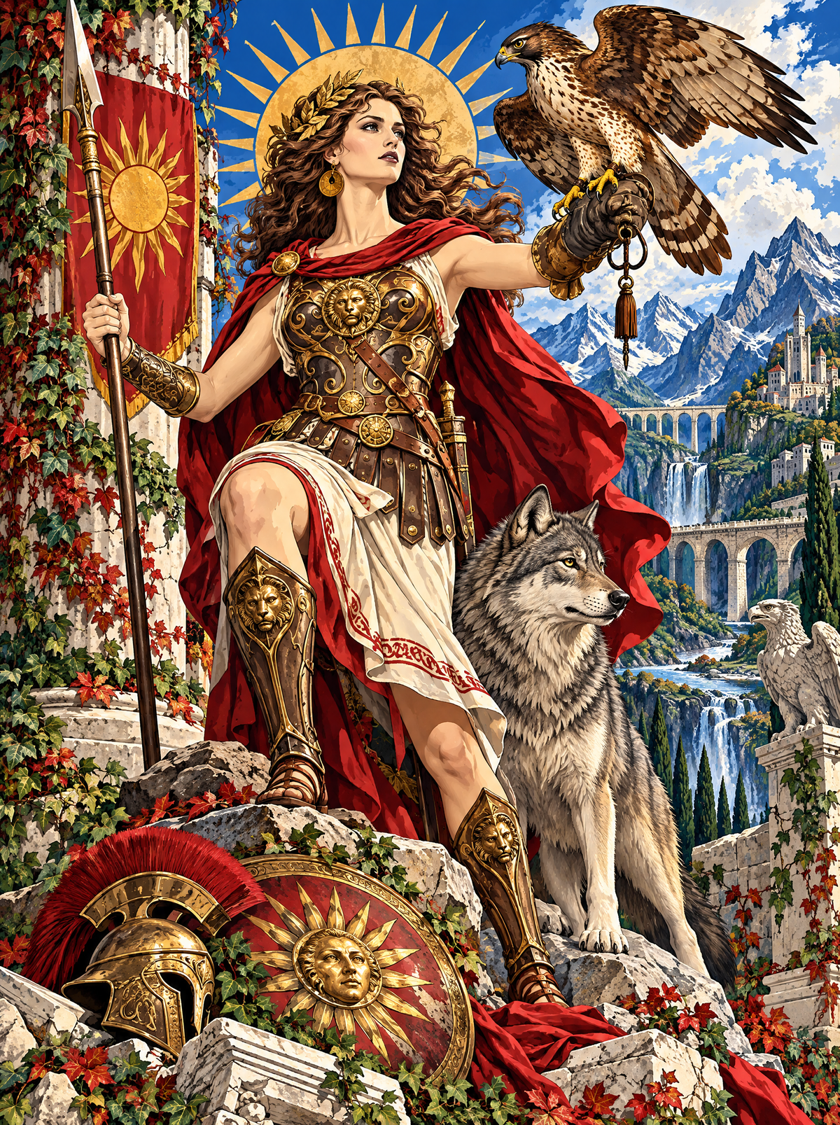 Sun-Haloed Warrior And Her Hawk