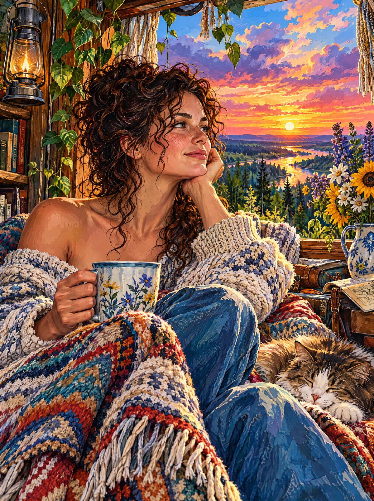 Sunset Mug And A Knitted Blanket