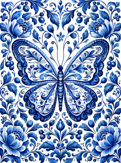 Symmetrical Butterfly In Blue Filigree