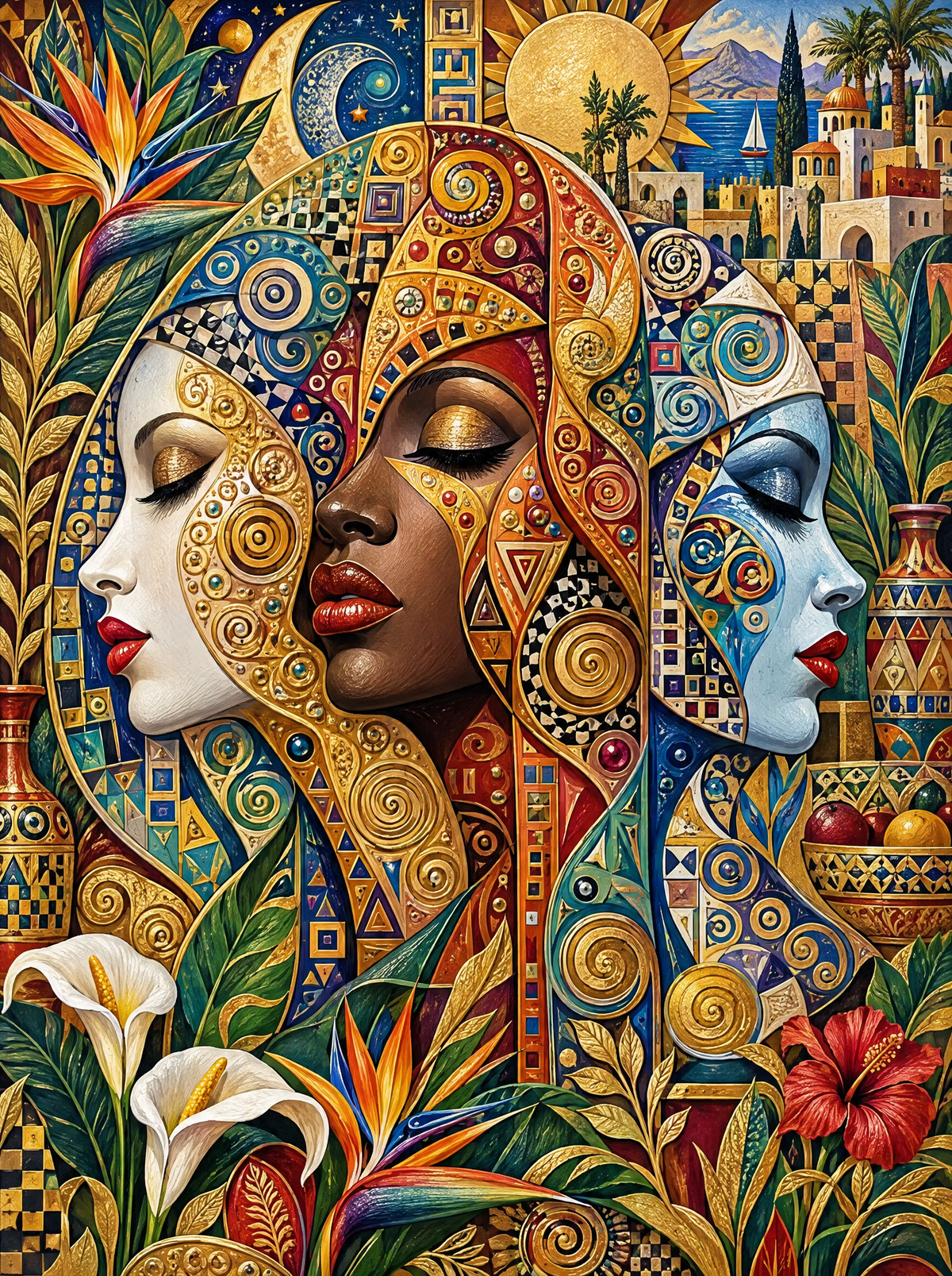 Three Mosaic Faces In Gold