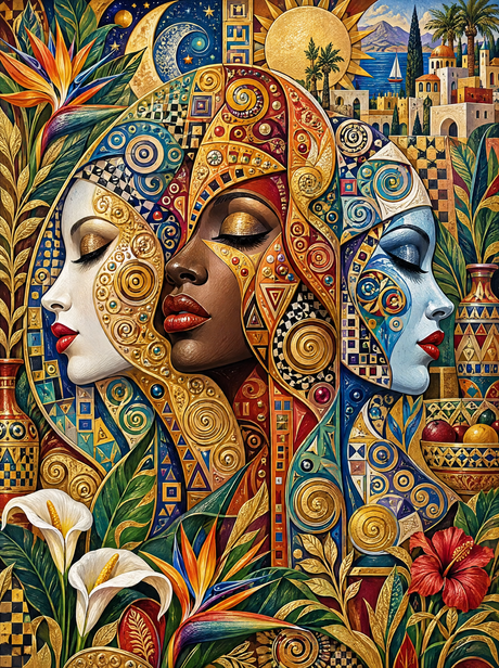 Three Mosaic Faces In Gold (150 Color Diamond Painting)