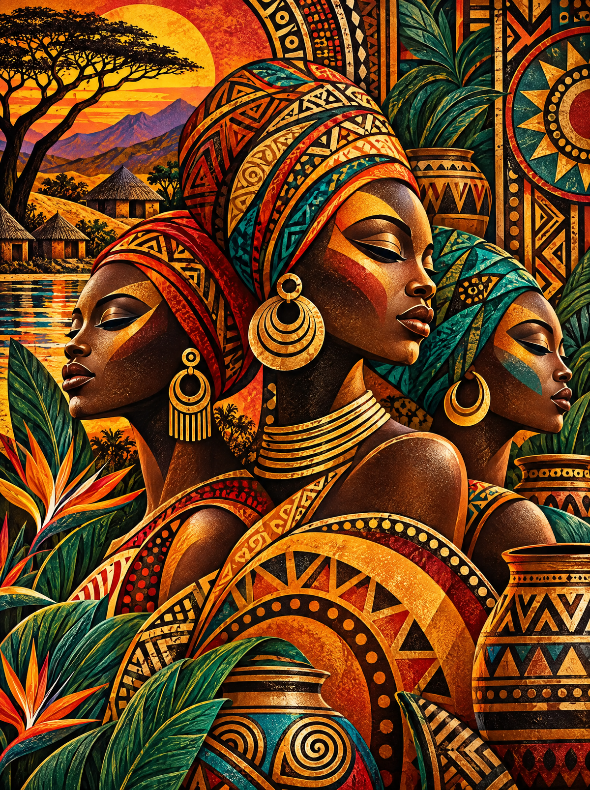 Three Sisters In Golden Headwraps