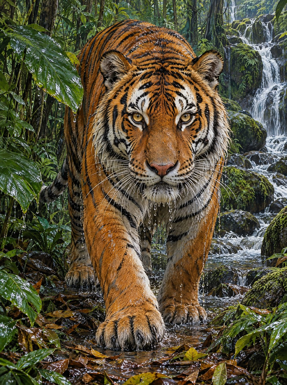 Tiger At The Jungle Waterfall