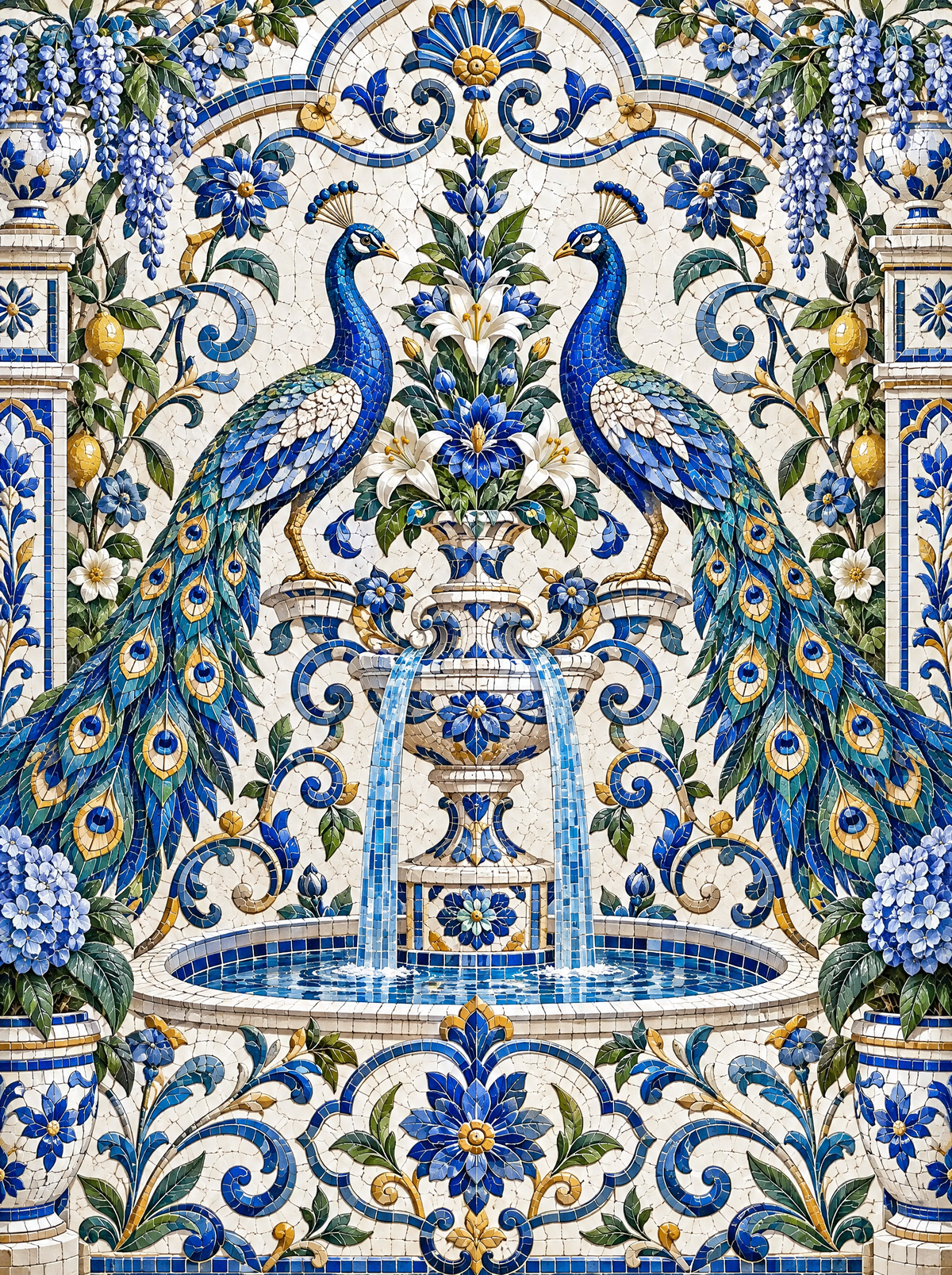 Twin Peacocks At The Tiled Fountain