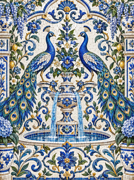Twin Peacocks At The Tiled Fountain (150 Color Diamond Painting)