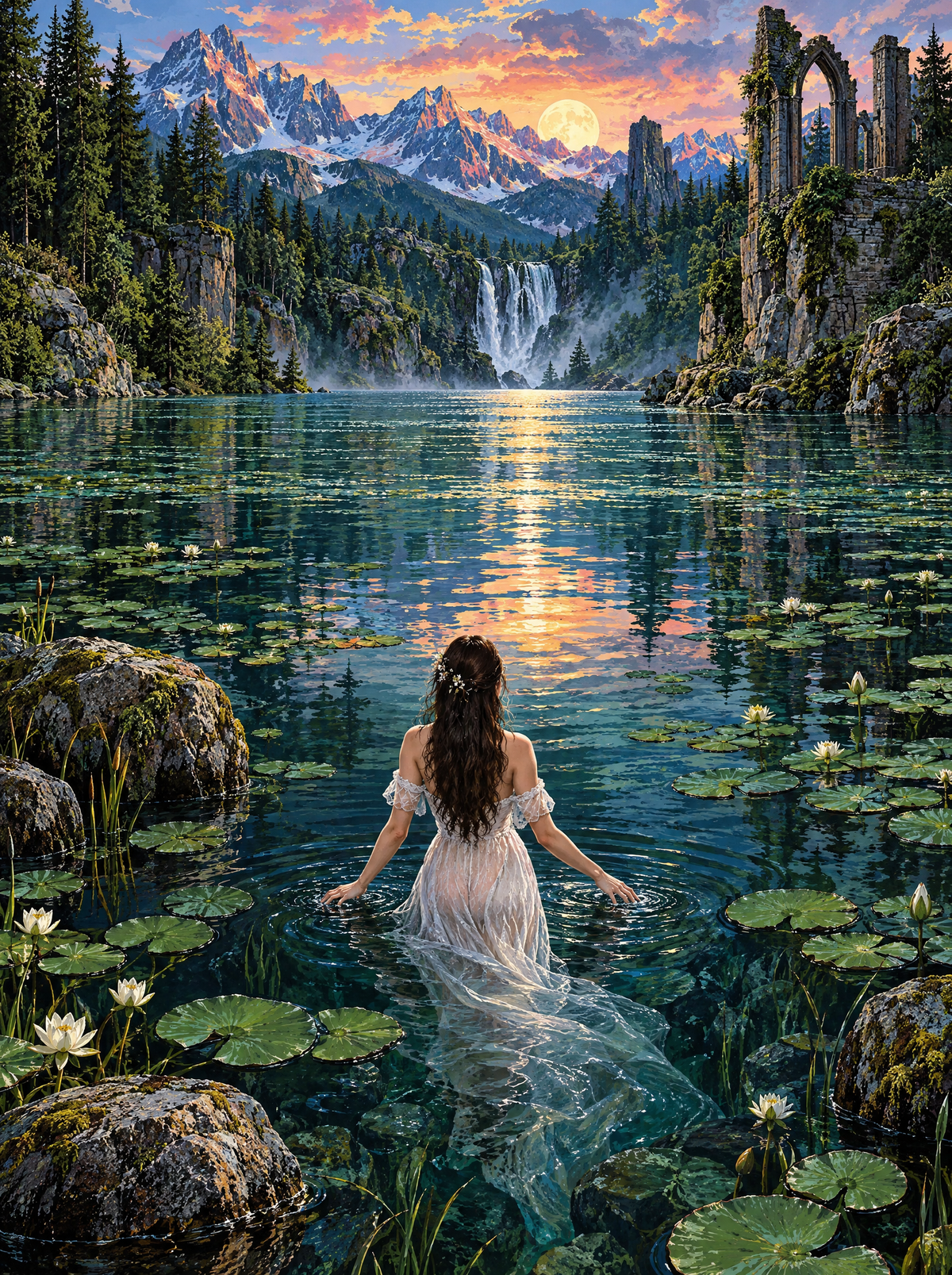 Wading Toward The Waterfall
