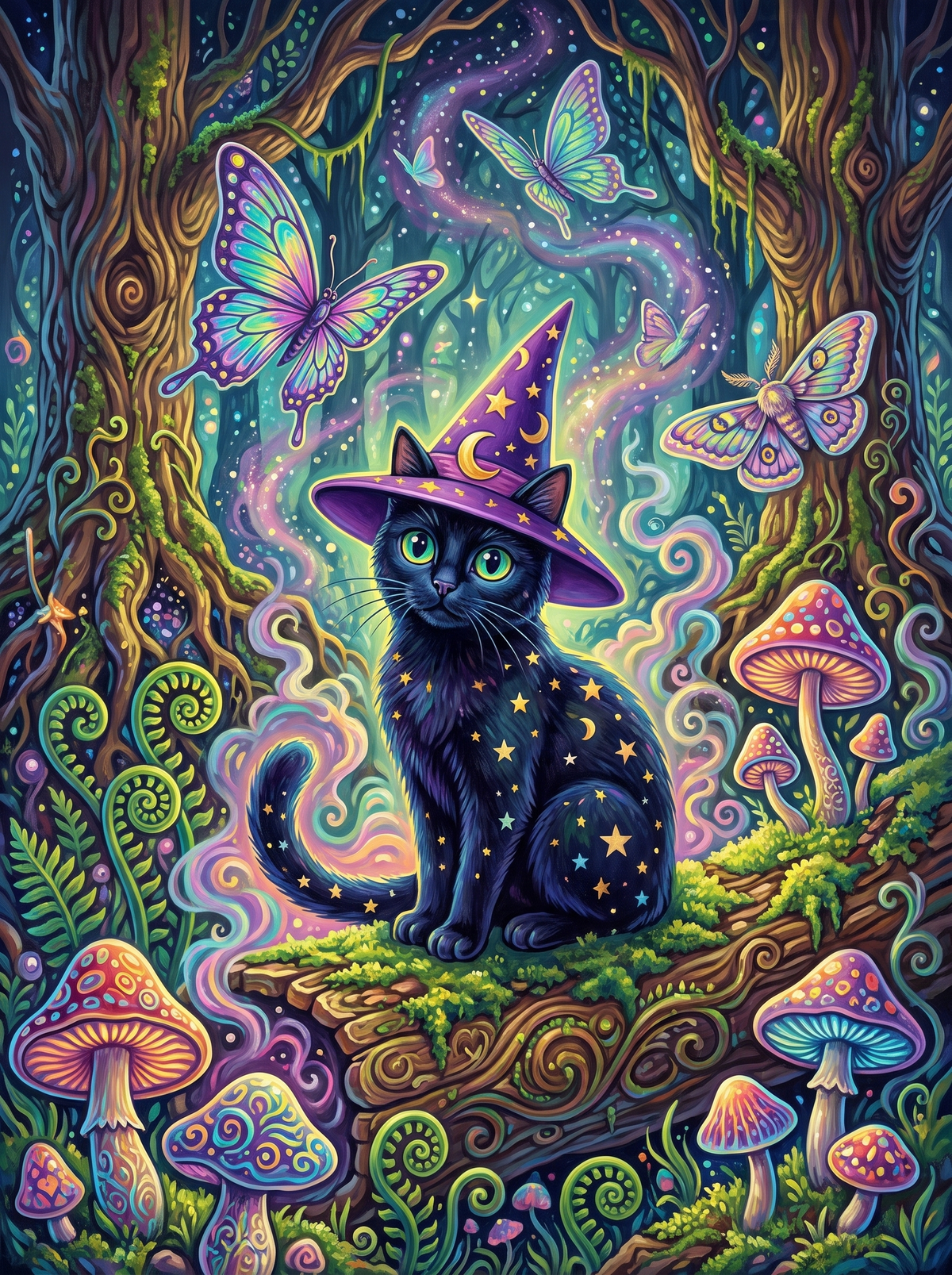 Witch-Hat Cat Among Glowing Mushrooms