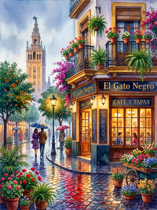 Seville Giralda Rainy Café