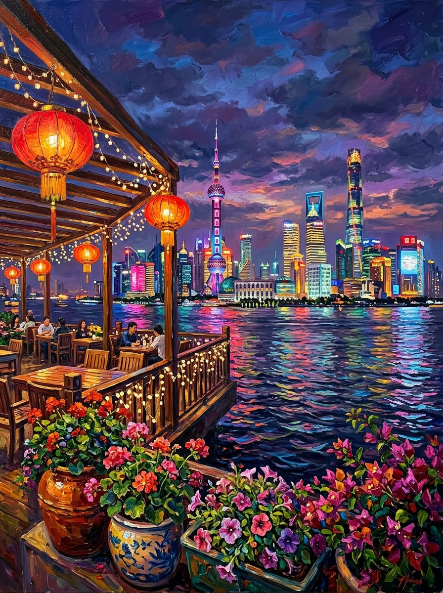 Shanghai Bund Night Impasto (150 Color Diamond Painting)
