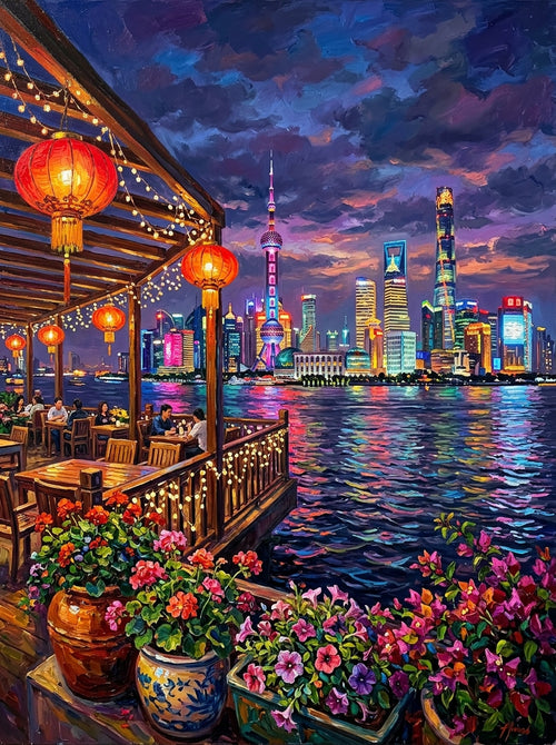 Shanghai Bund Night Impasto (150 Color Diamond Painting)
