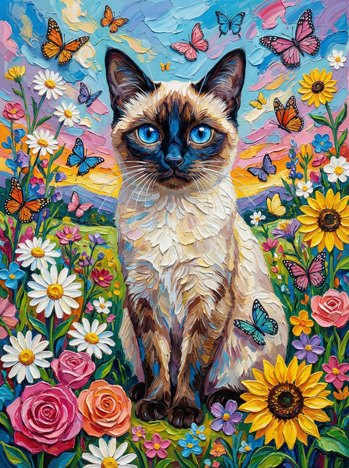 Siamese Cat Among Flowers (100 Color Diamond Painting) Diamond Painting kit