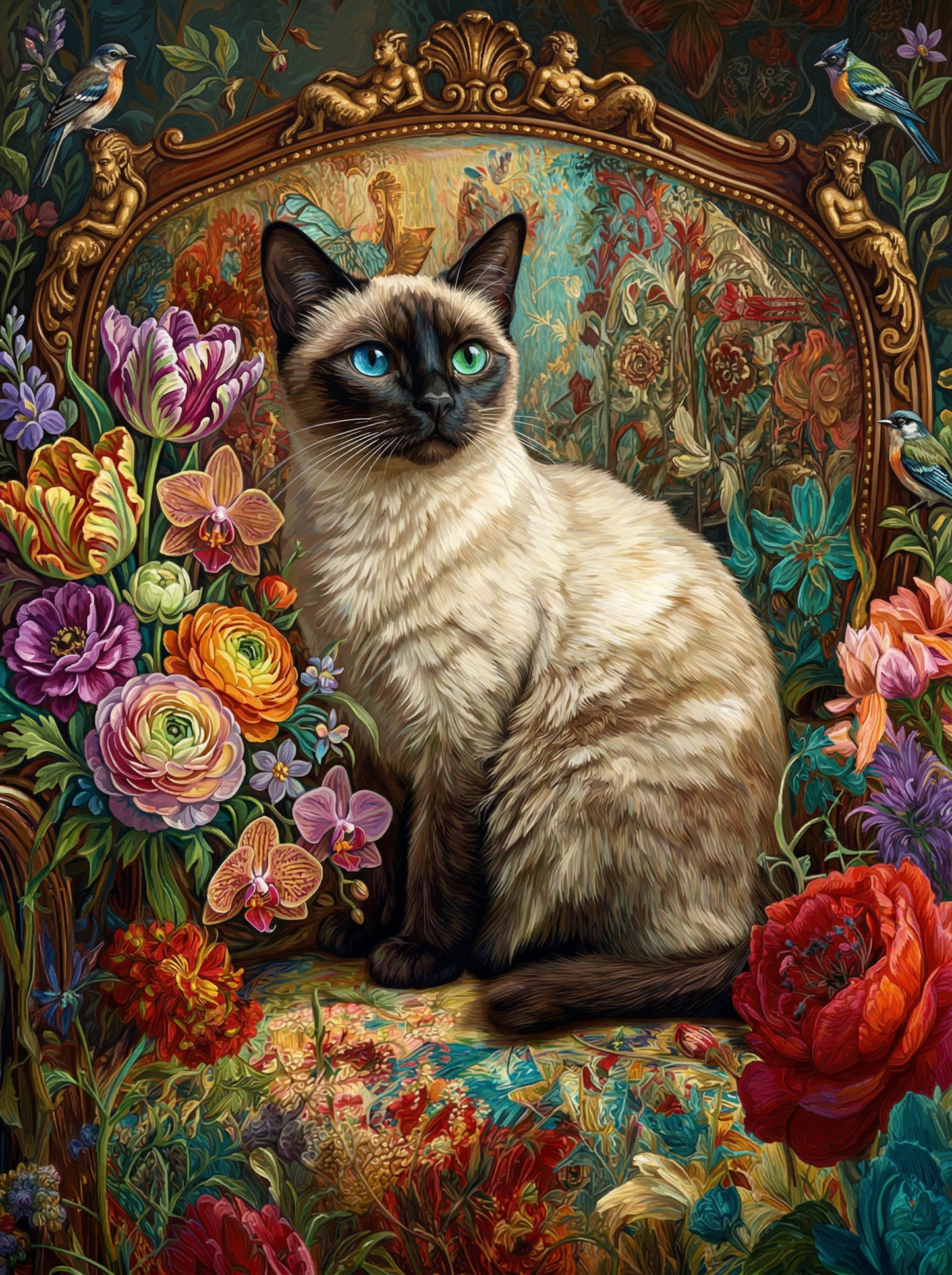 Siamese Cat Floral Throne (100 Color Diamond Painting) Diamond Painting kit