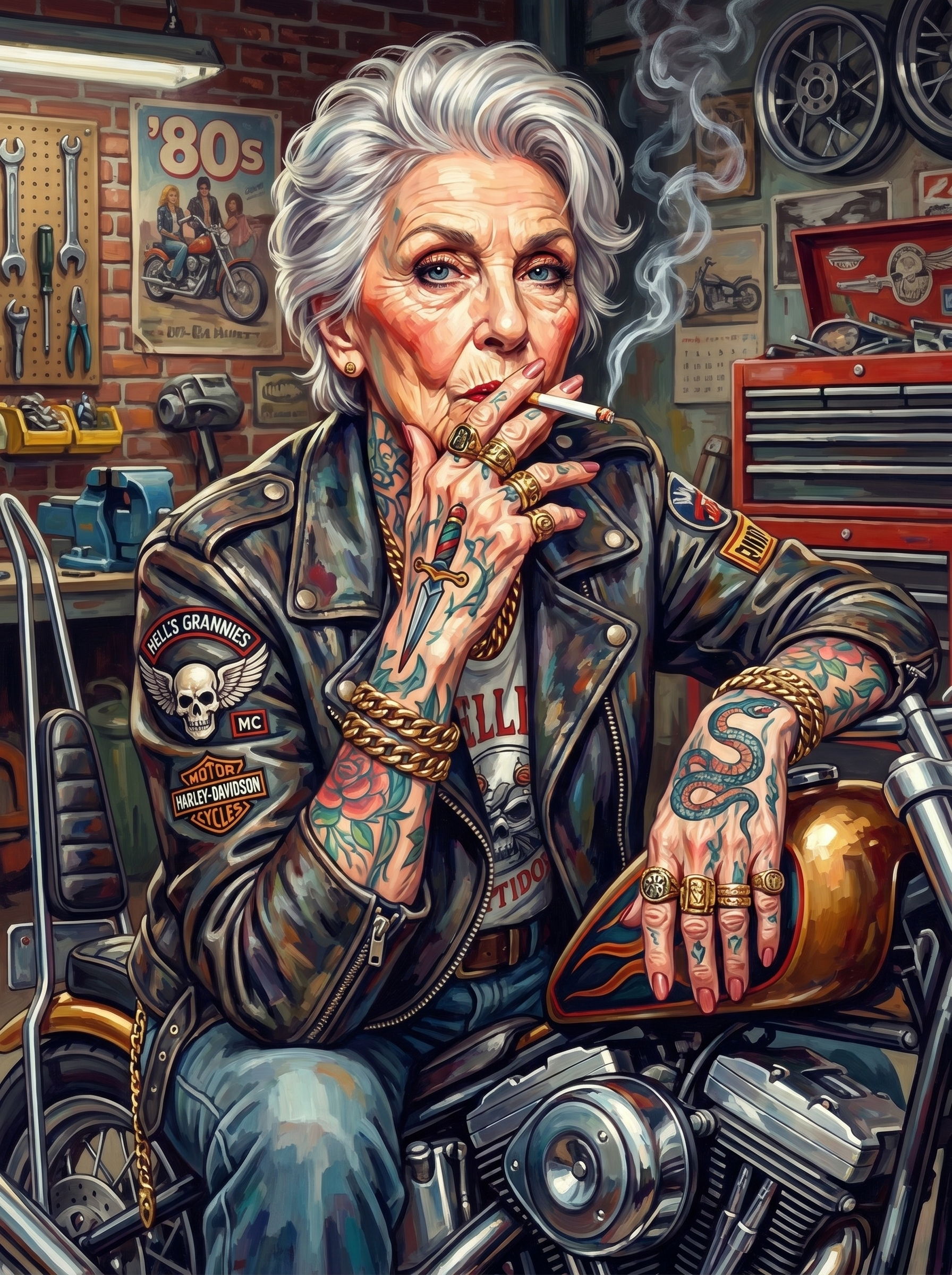 Silver Biker Granny Smoking (150 Color Diamond Painting)