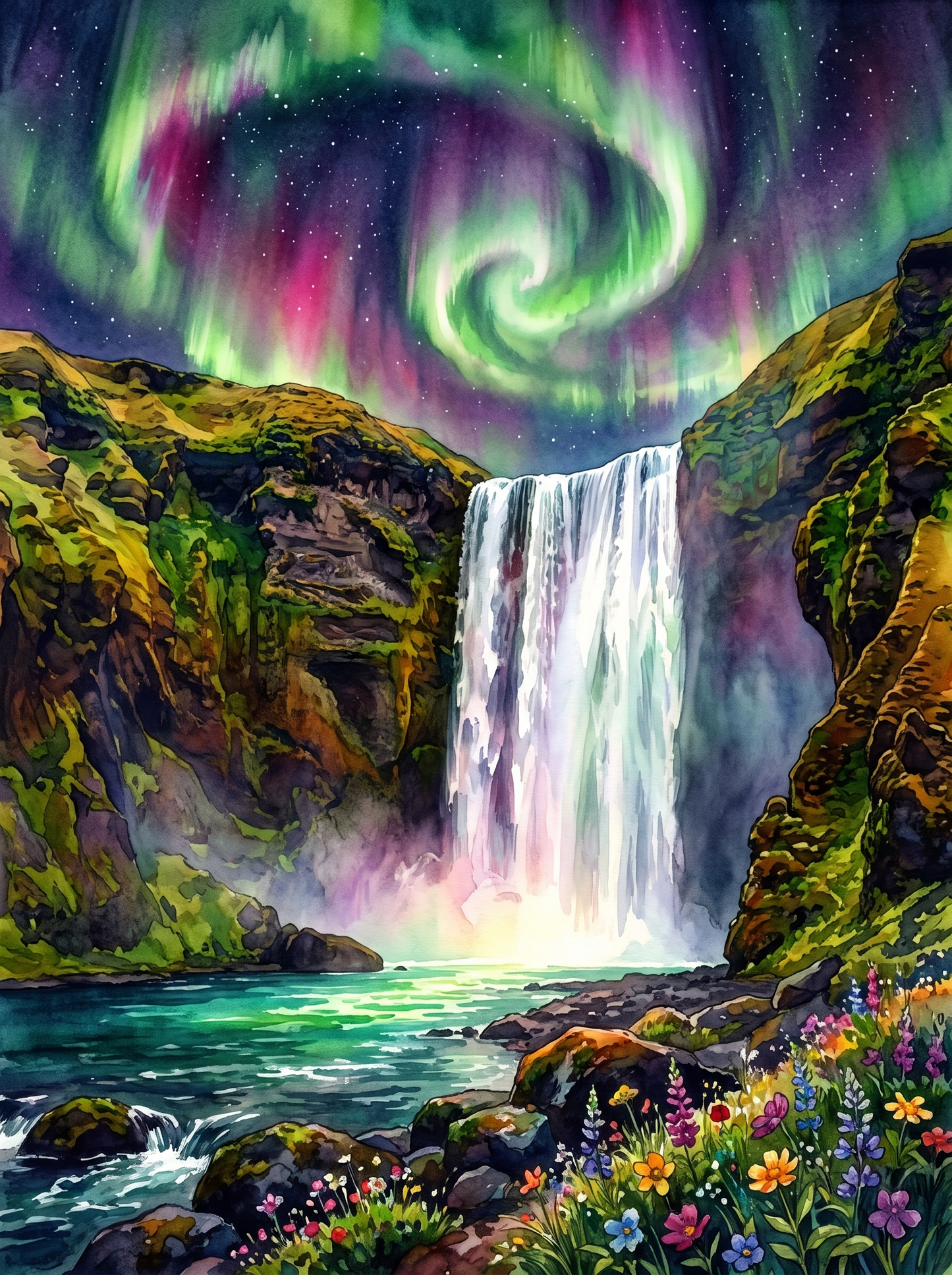 Aurora over Skógafoss