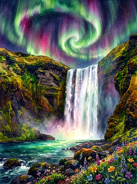Aurora over Skógafoss