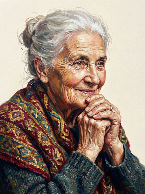 Smiling Grandmother Clasped Hands (100 Color Diamond Painting) Diamond Painting kit