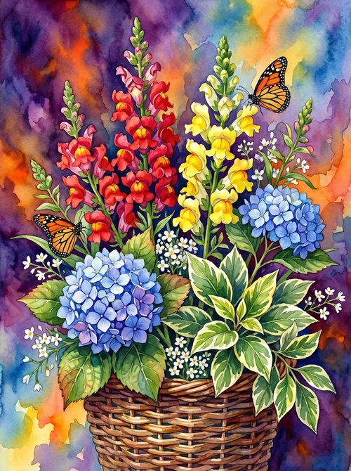 Snapdragon Hydrangea Basket Watercolor (Diamond Painting)