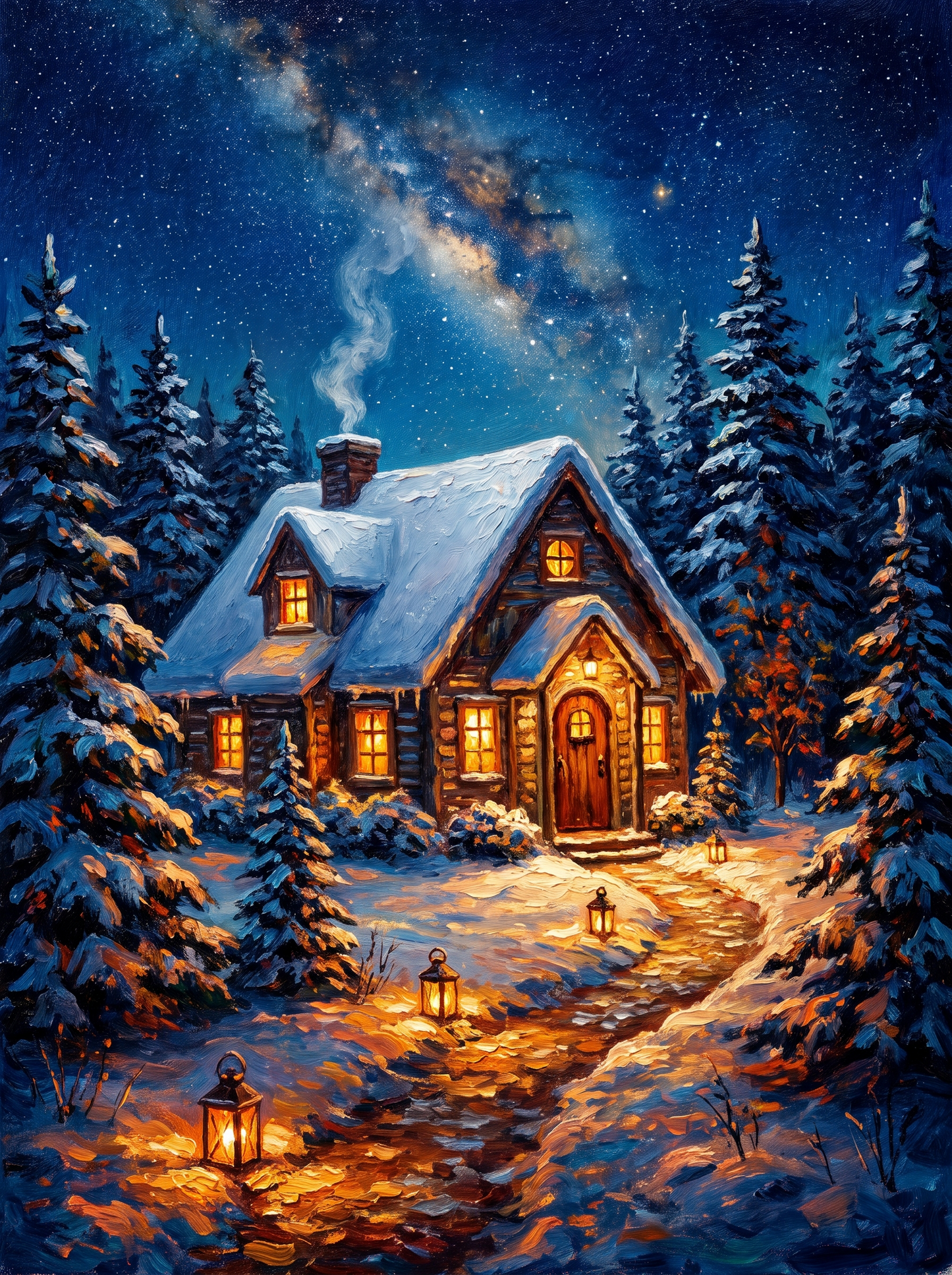 Snowy Cottage Pine Forest Lanterns Night