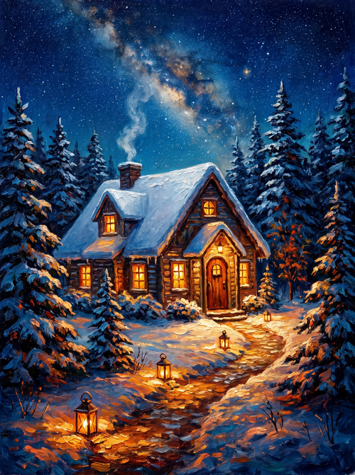 Snowy Cottage Pine Forest Lanterns Night