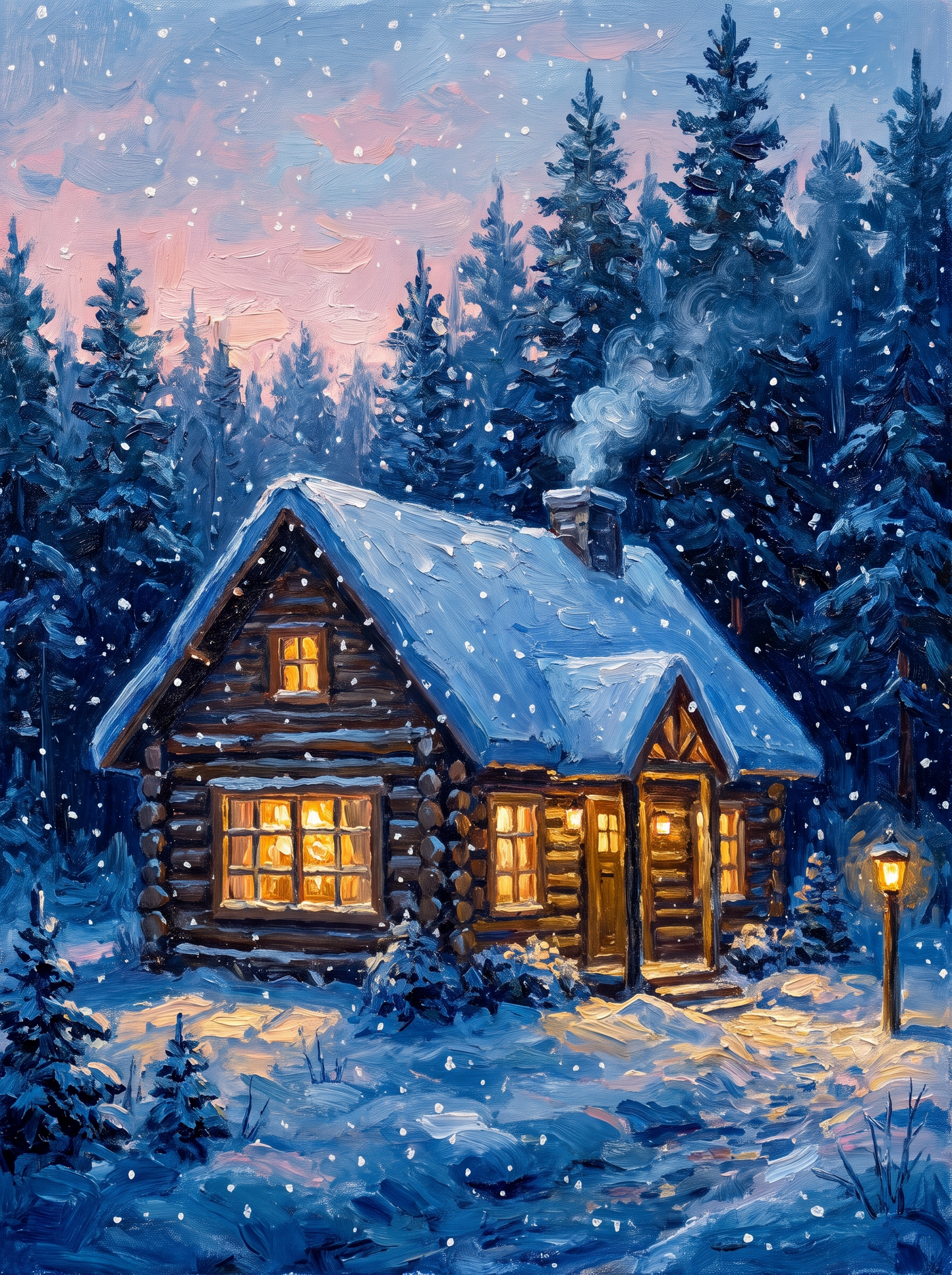 Snowy Pine Forest Cabin Dusk